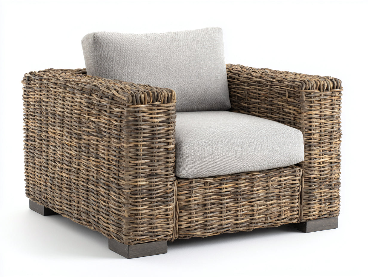 Sillón de ratán 93x86x82 cm - Marrón-Beige - Diseño artesanal con cojines acolchados