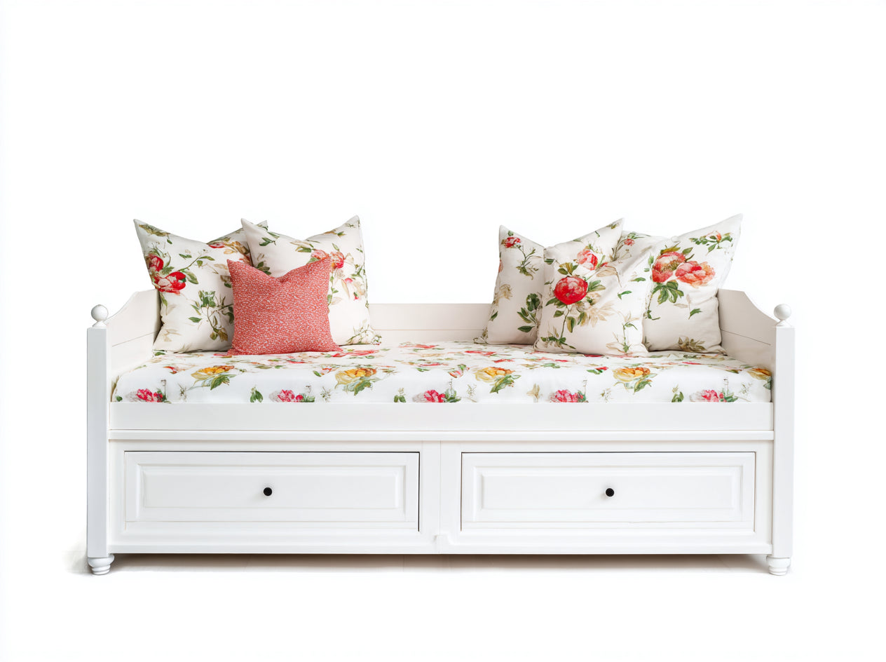Sofá cama de madera con cajones 200x90x85 cm - blanco-floral - diseño clásico para dormitorio y sala de estar