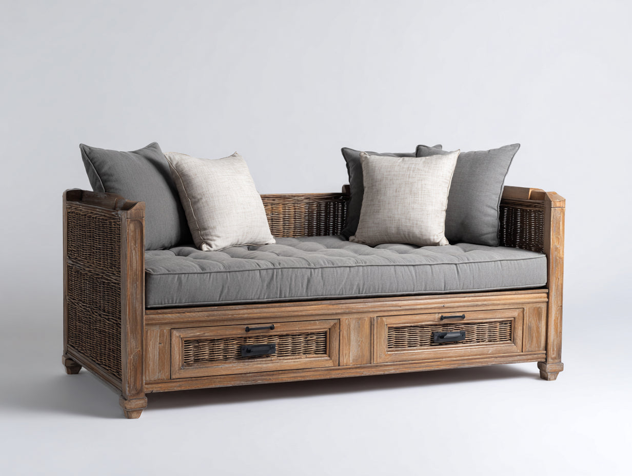 Sofá cama de madera y ratán con cajones 205x88x82 cm - marrón natural gris - estilo rústico multifuncional