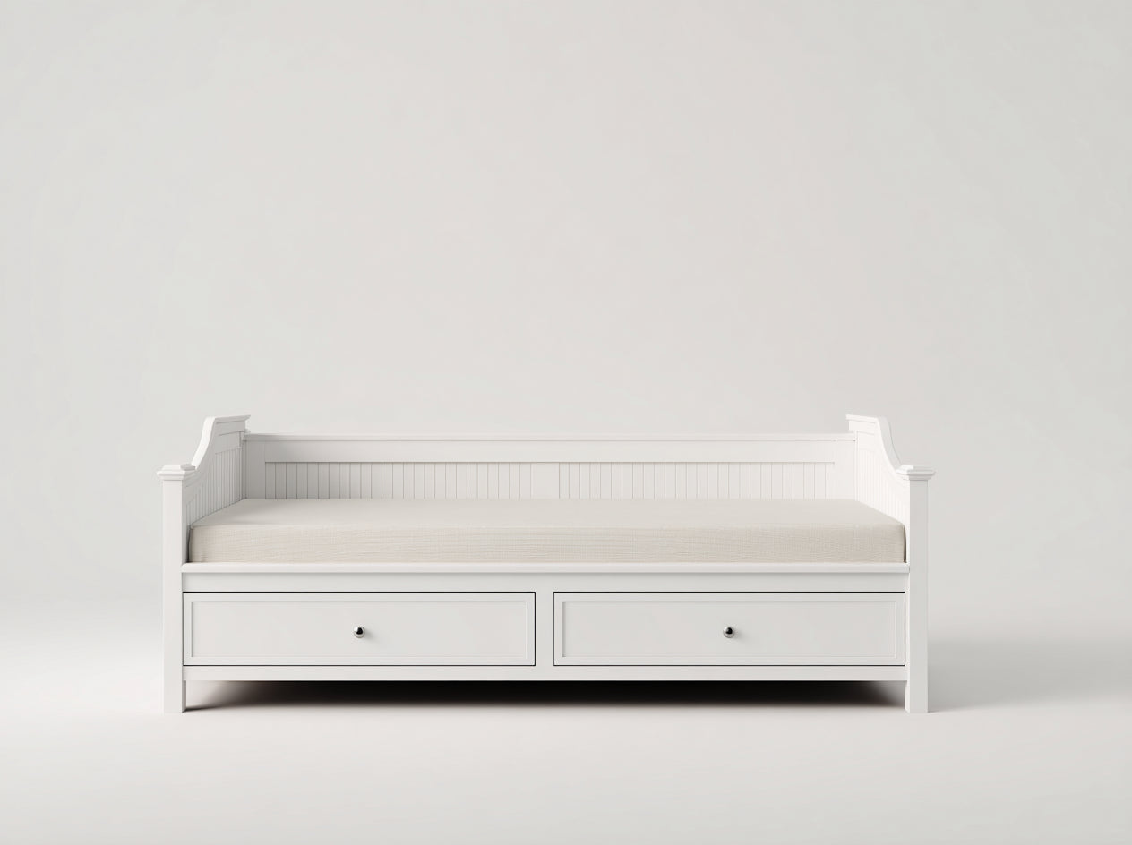Sofá cama de madera con 2 cajones 205x92x86 cm - Blanco - Diseño clásico con laterales elevados