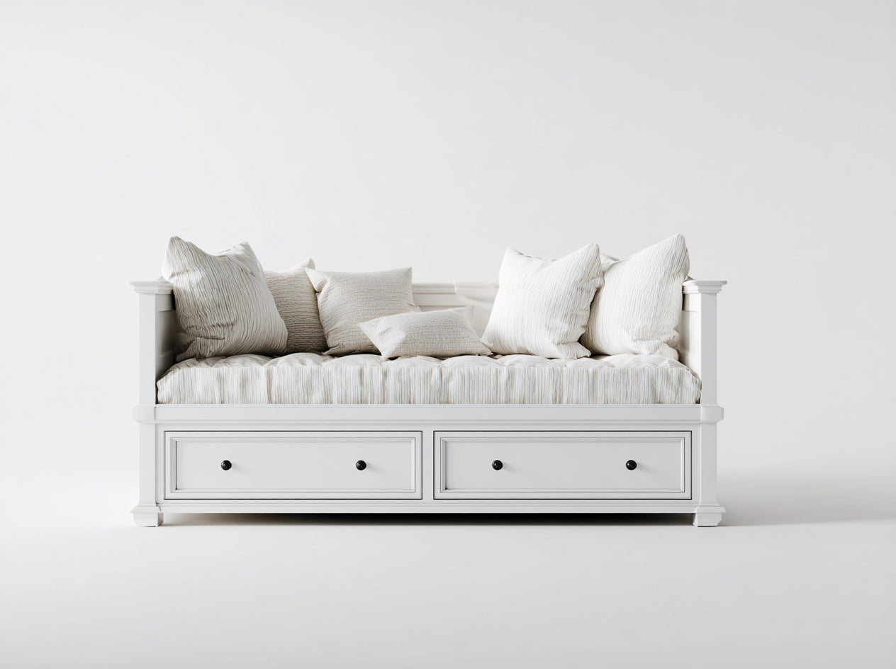 Sofá cama de madera con 2 cajones 210x92x98 cm - Blanco - Diseño floral clásico