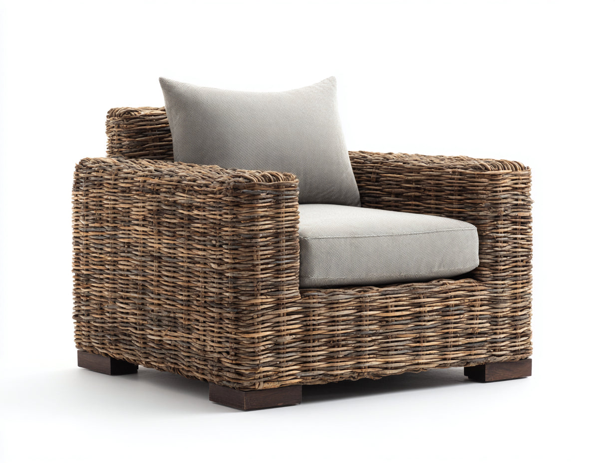 Sillón de ratán 93x86x82 cm - Marrón-Beige - Diseño artesanal con cojines acolchados