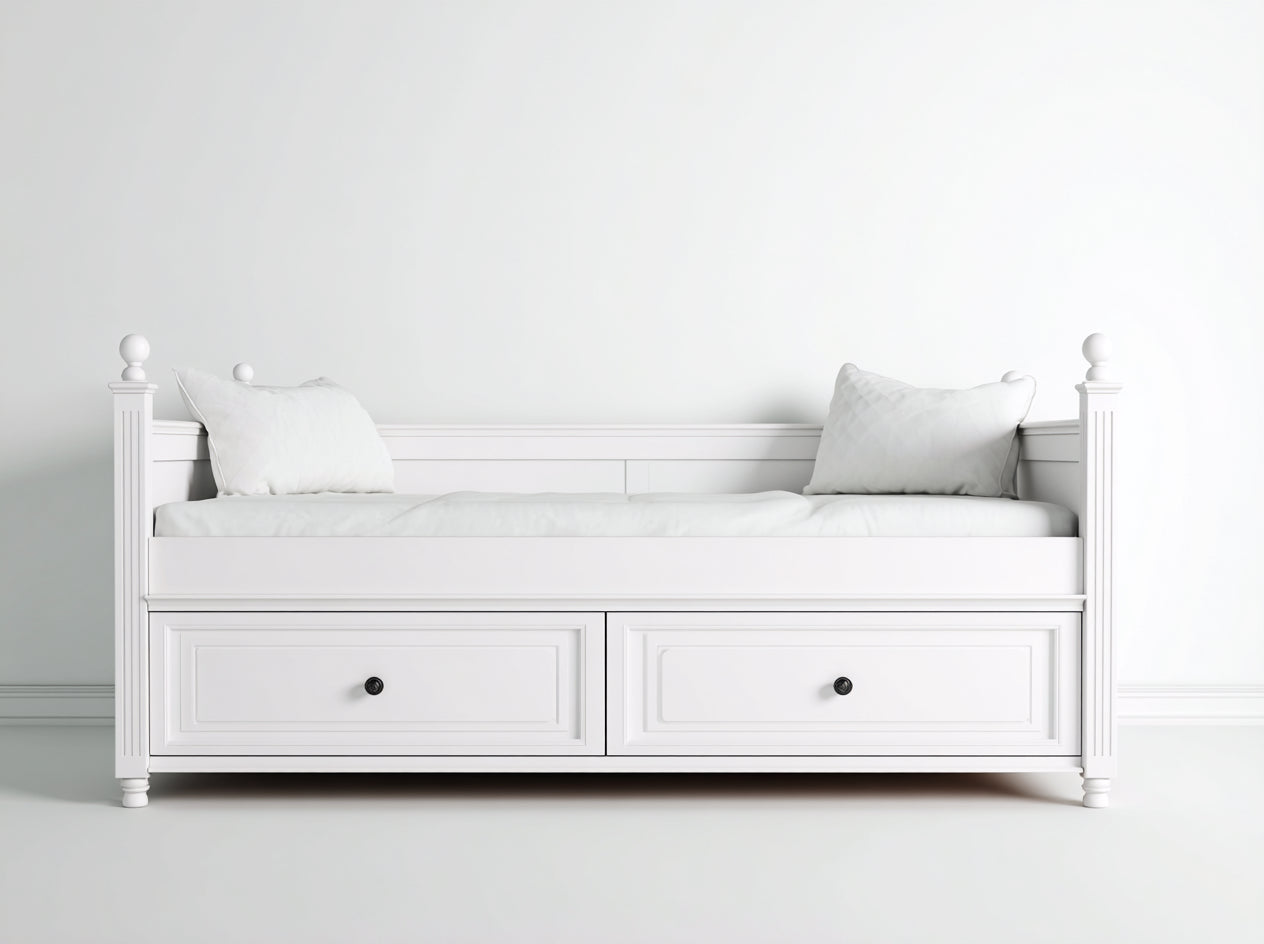 Sofá cama individual de madera con cajones 198x92x96 cm - blanco mate - diseño clásico con almacenamiento