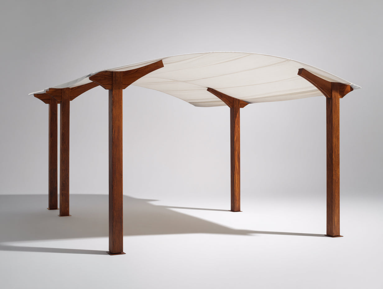 Pérgola de jardín de madera 360x300x255 cm - Marrón-Blanco - Diseño abierto con toldo textil