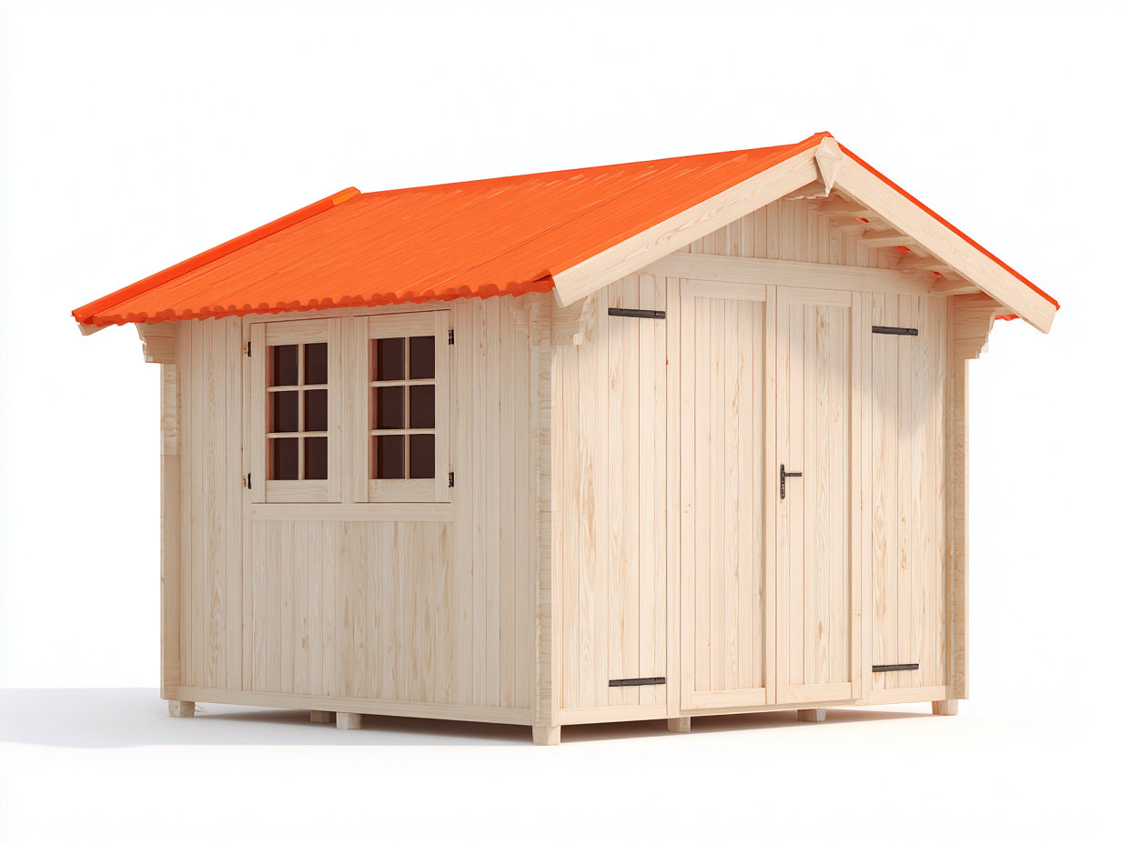 Caseta de jardín de madera con doble puerta 320x260x245 cm - Natural-Naranja - Cobertizo exterior para almacenamiento