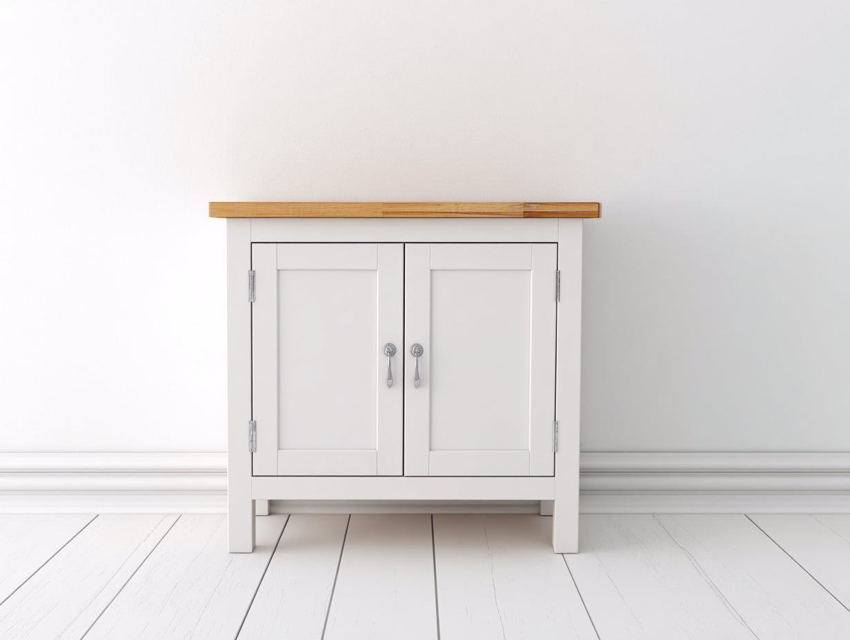 Aparador de madera con 2 puertas 90x42x85 cm - Blanco-Roble - Diseño clásico para salón