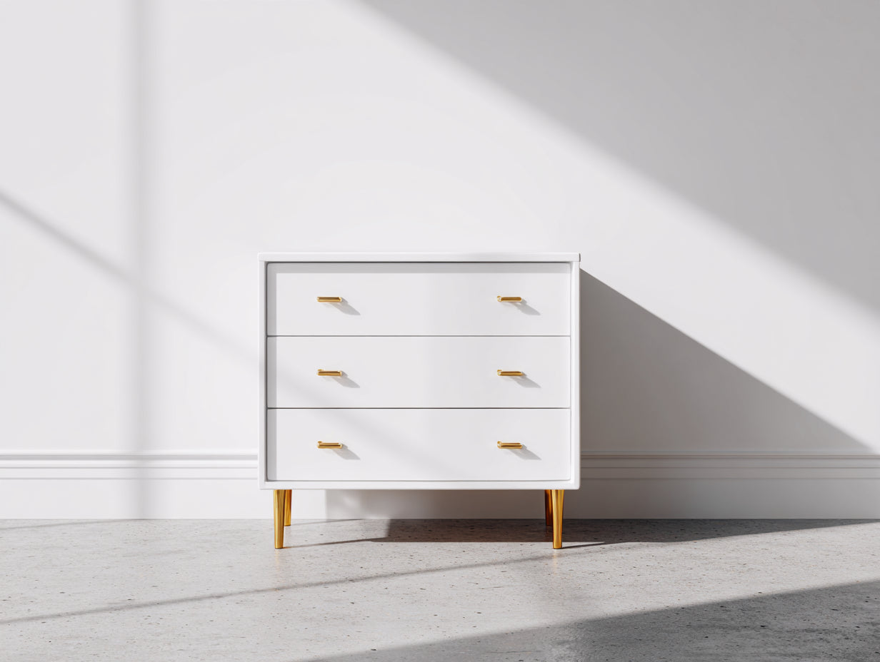 Cómoda moderna de madera 78x40x82 cm - blanco-dorado - 3 cajones para dormitorio estilo minimalista