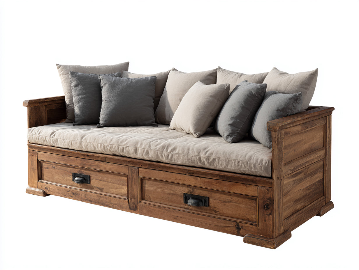 Sofá cama de madera con 2 cajones 210x95x88 cm - Marrón natural - Diseño rústico con almacenaje