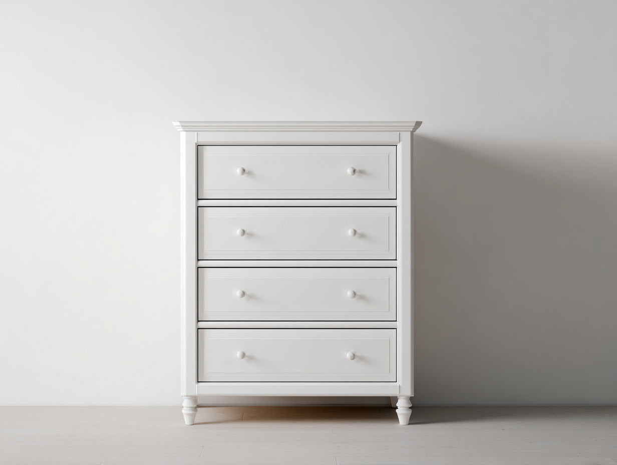 Cómoda de dormitorio de madera 80x42x105 cm - blanco mate - 4 cajones estilo clásico moderno