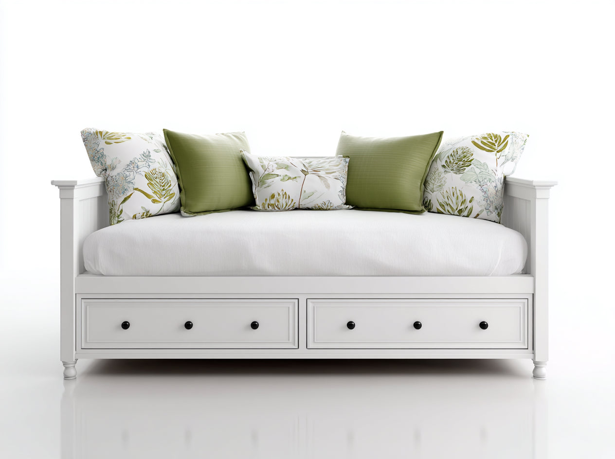Sofá cama de madera con 2 cajones 210x92x98 cm - Blanco - Diseño floral clásico