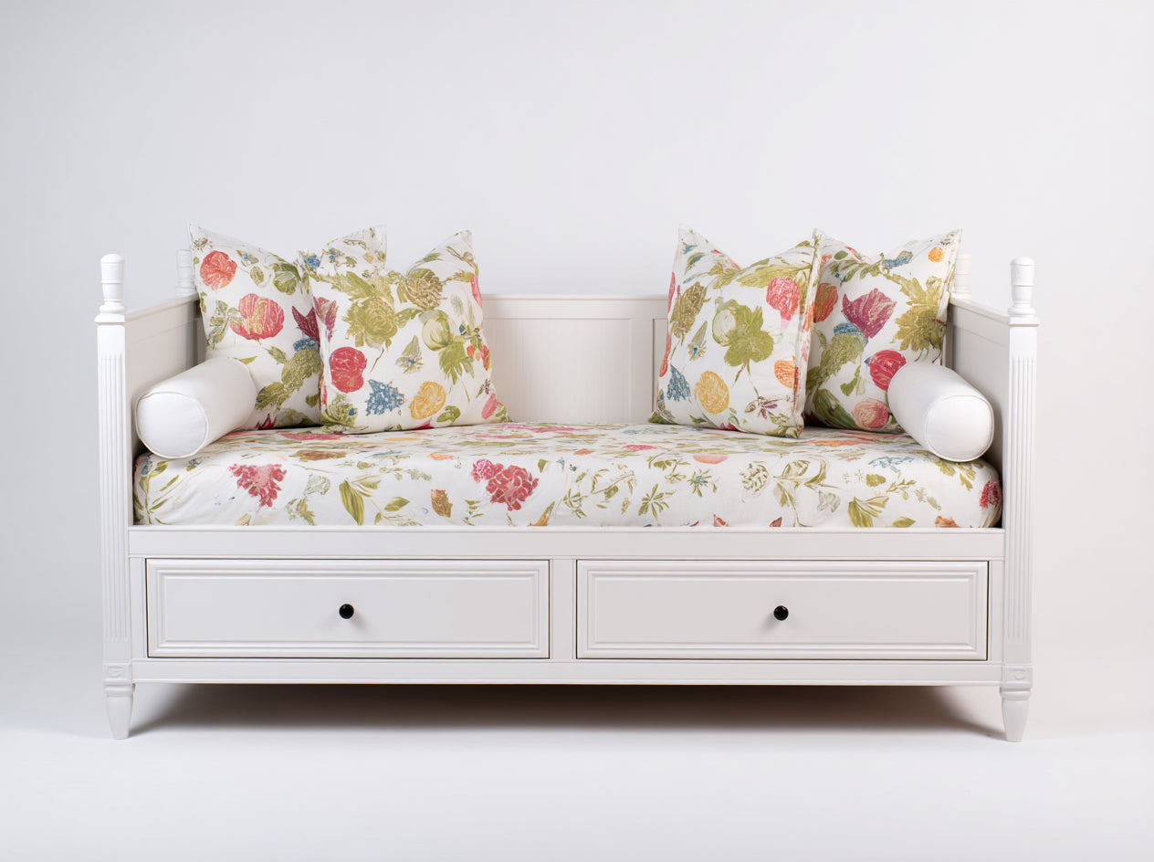 Sofá cama de madera con 2 cajones 210x92x98 cm - Blanco - Diseño floral clásico