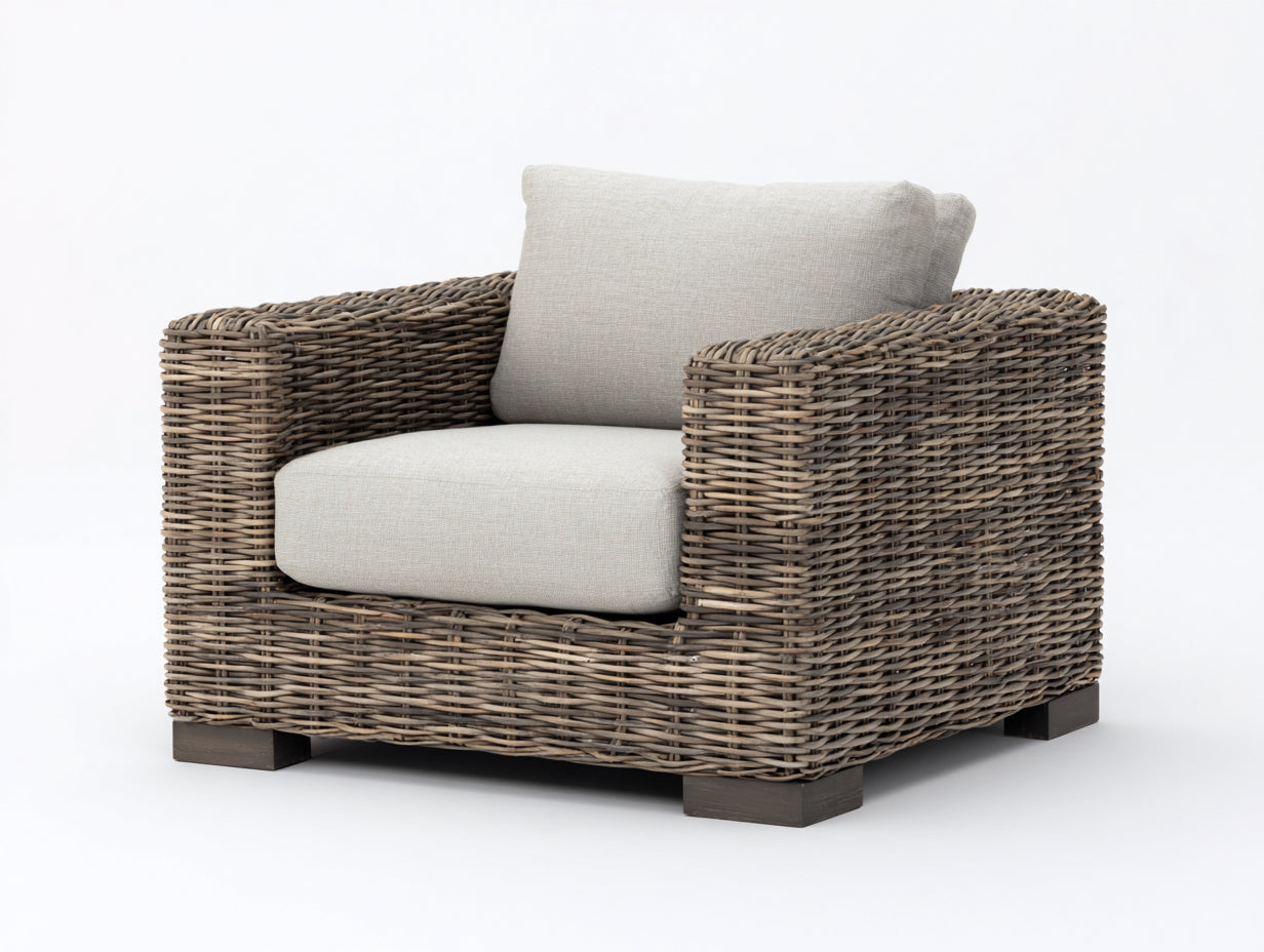Sillón de ratán 94x88x82 cm - Marrón grisáceo-Beige - Diseño amplio con cojines acolchados